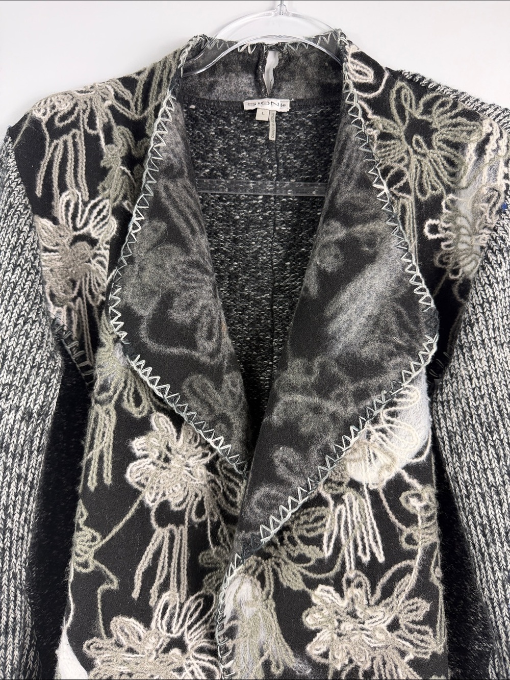 Sioni Floral Embroidered Longline Cardigan L Black Gray Open Front - Picture 5 of 9
